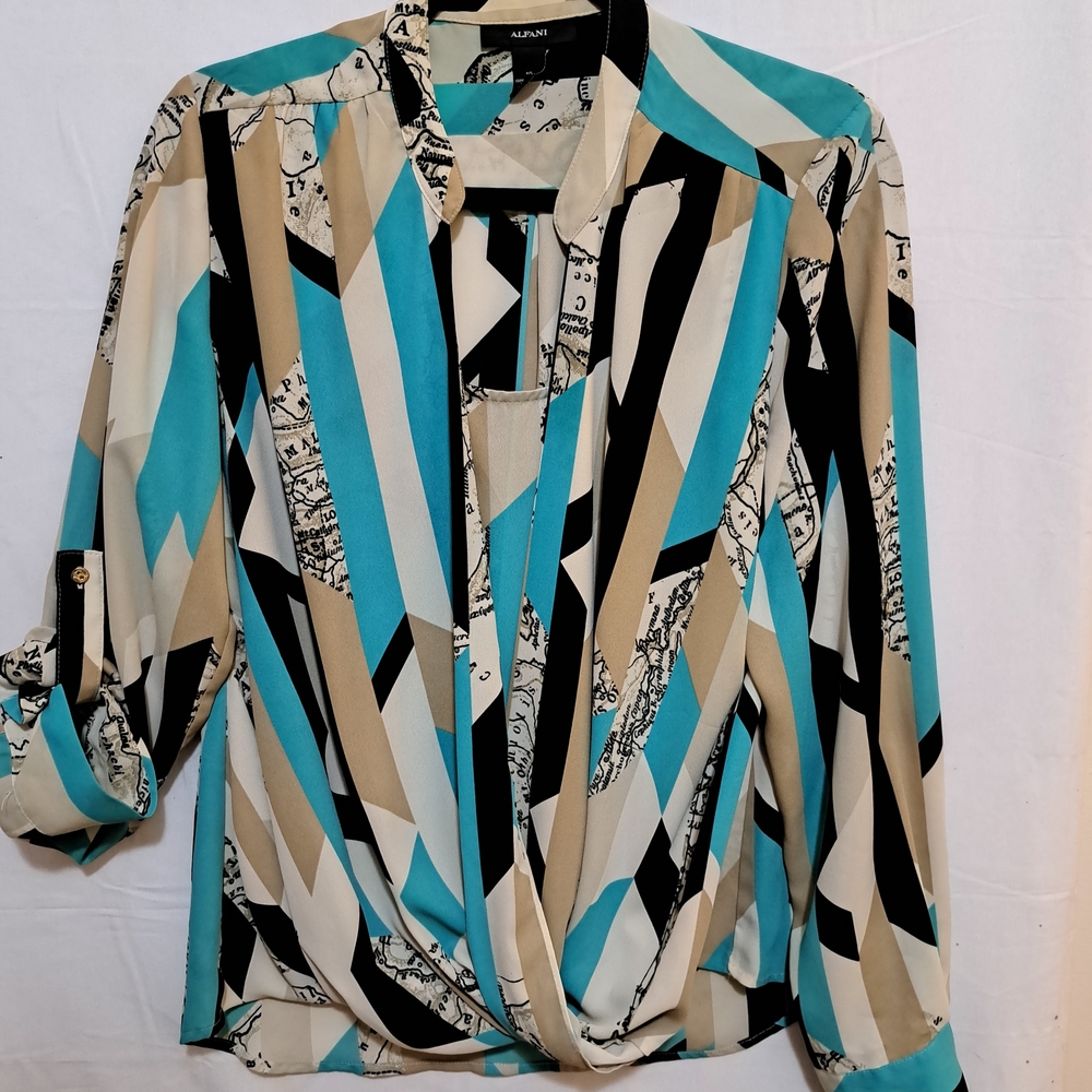 Alfani Womens Geometric Print Blouse Turquoise Black Tan Split Neck Top Sz 10 - Picture 2 of 7